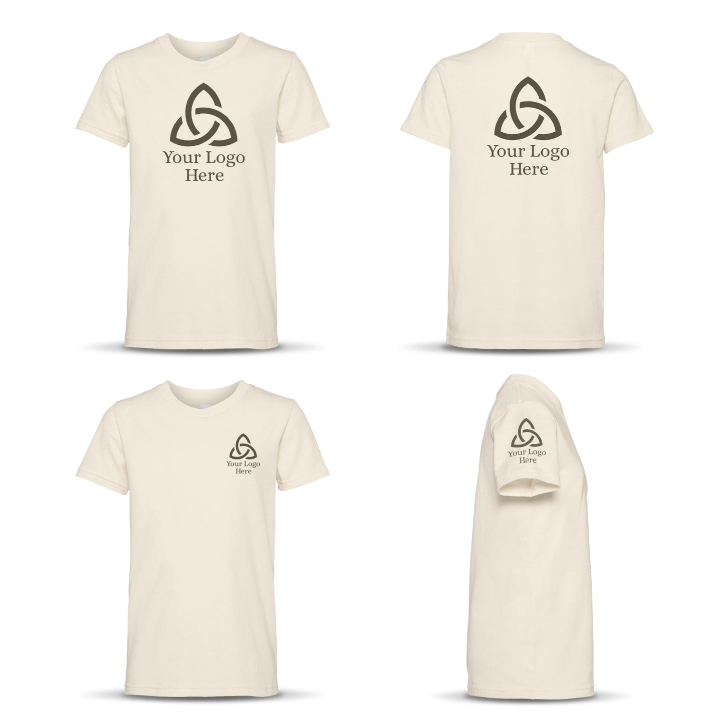 Four-angle view of a natural-colored unisex short-sleeve T-shirt with a dark triquetra-style logo and the text 'Your Logo Here' printed on the front center, back center, left chest, and left sleeve.
