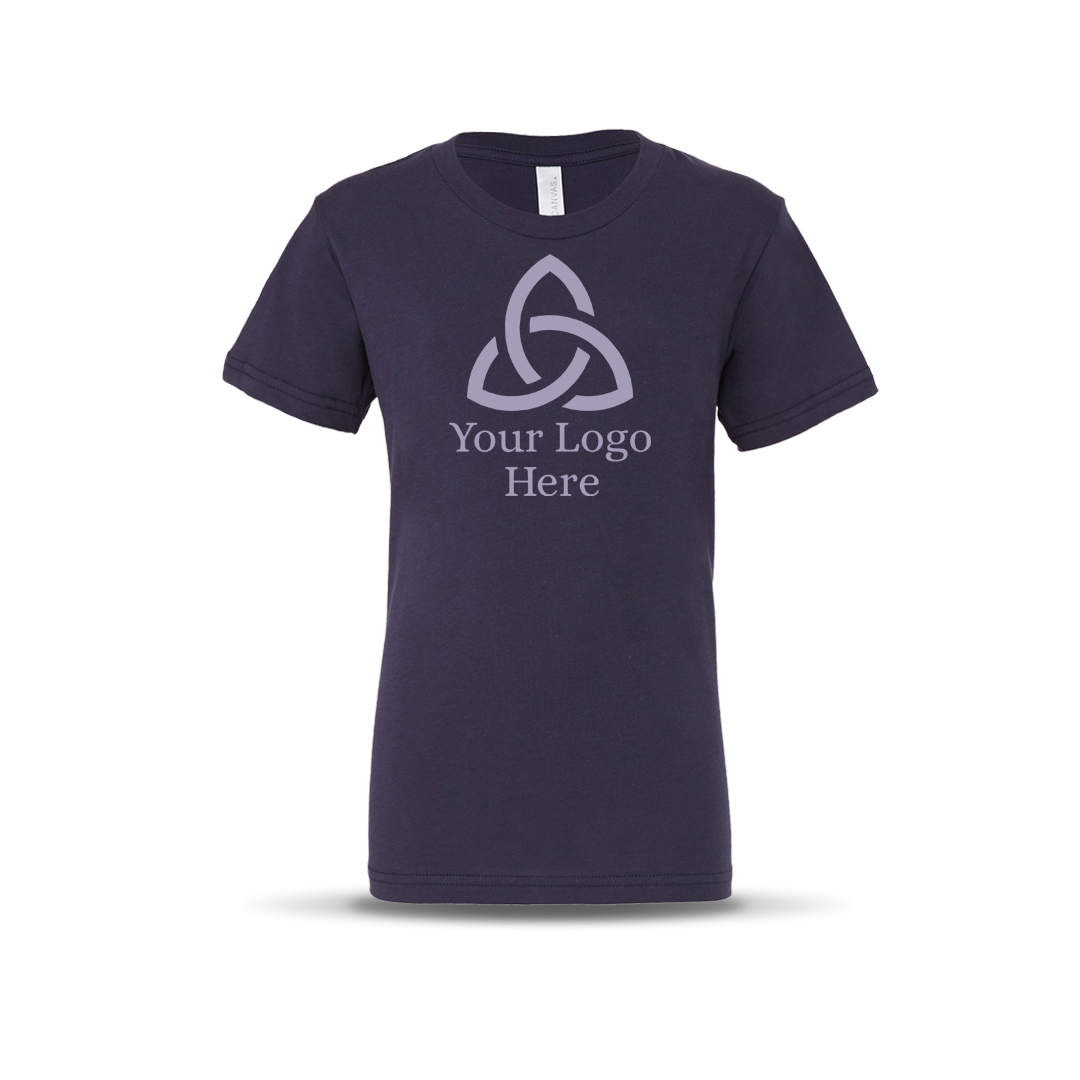 Navy-colored short-sleeve unisex T-shirt featuring a centered geometric triquetra-style logo with the text 'Your Logo Here' below it.