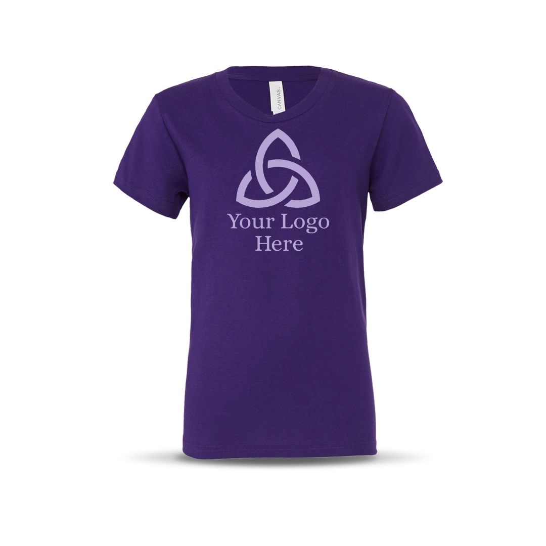 Purple-colored short-sleeve unisex T-shirt featuring a centered geometric triquetra-style logo with the text 'Your Logo Here' below it.