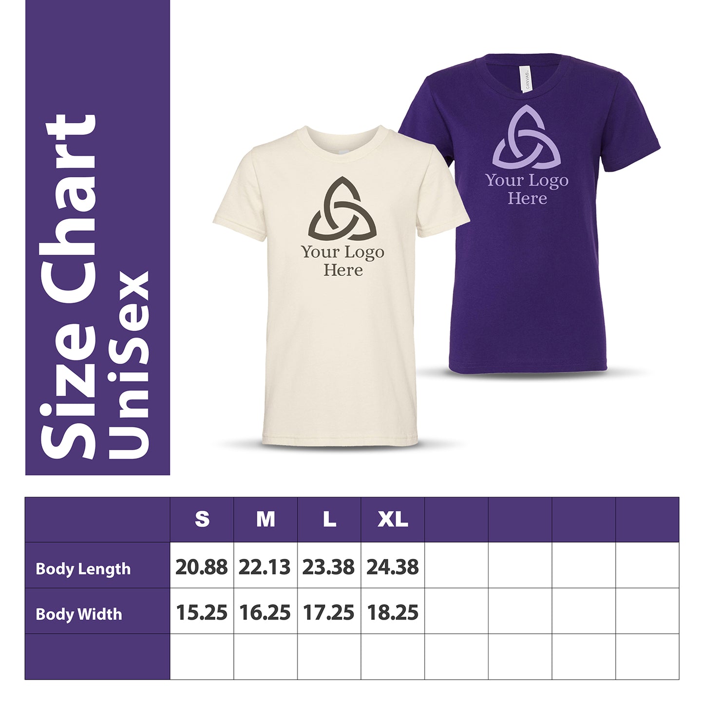 Unisex size chart with two short-sleeve T-shirts—one in cream and one in purple—featuring a triquetra-style logo and the text 'Your Logo Here'; includes body length and width measurements for sizes S to XL