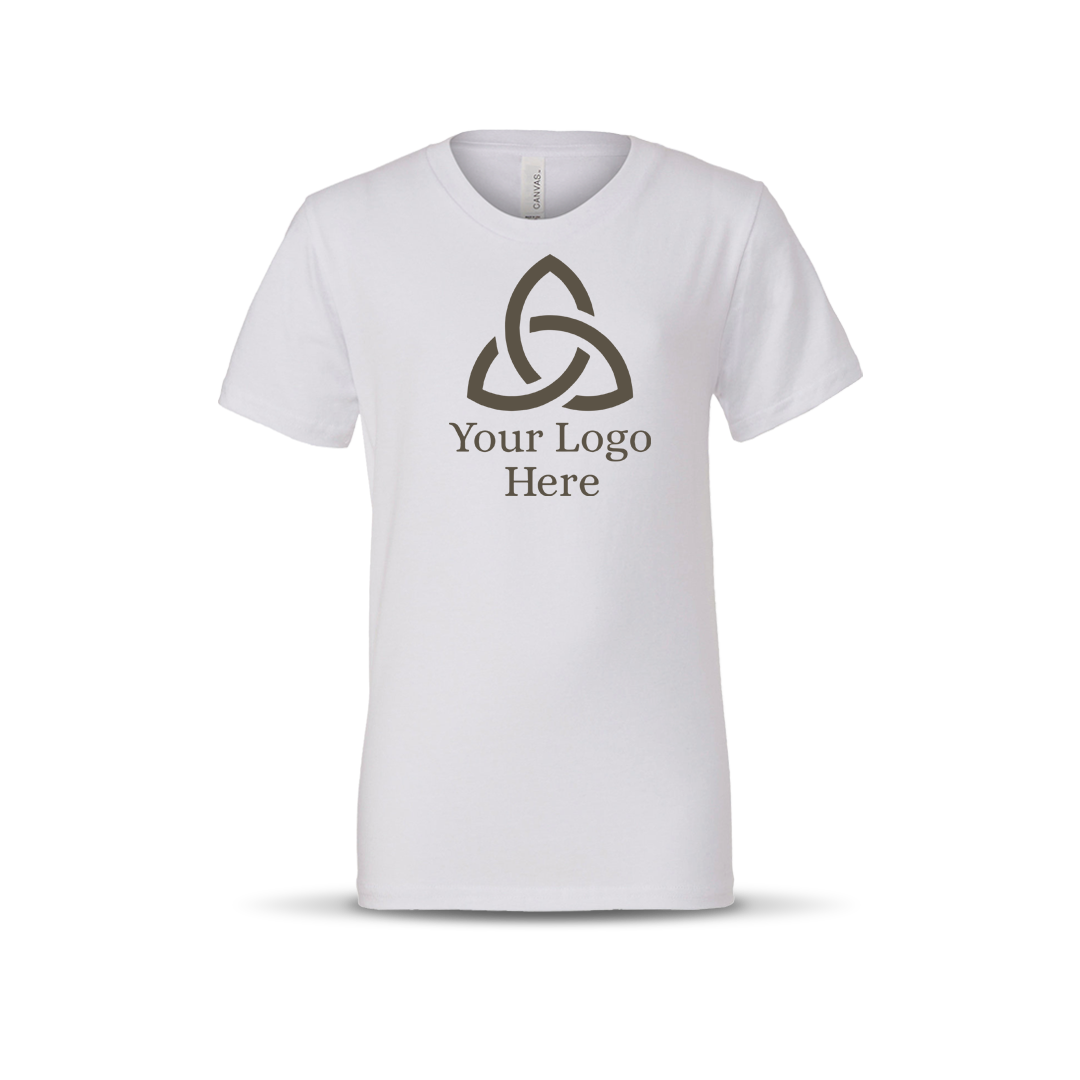 White-colored short-sleeve unisex T-shirt featuring a centered geometric triquetra-style logo with the text 'Your Logo Here' below it.
