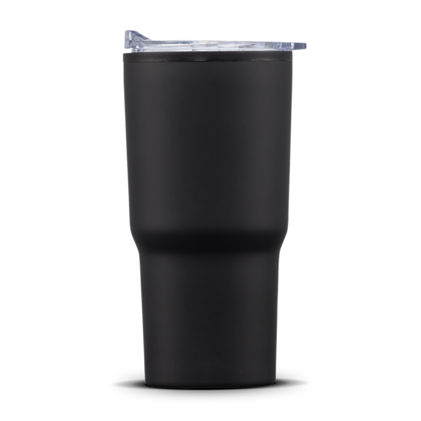 Matte black travel tumbler with clear lid, no visible logo.