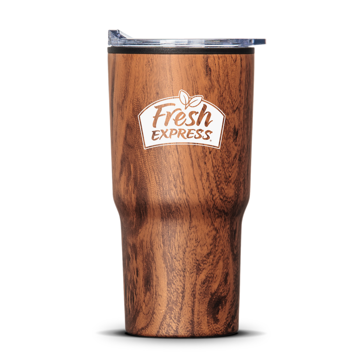 Wood grain travel tumbler with clear lid and white Fresh Express logo.