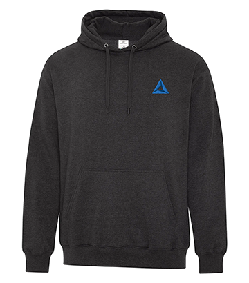 ATC Earth Wash Tourbillon fleece hooded sweatshirt in black heather, featuring a front pouch pocket, drawstring hood, and a blue triangle logo on the left chest