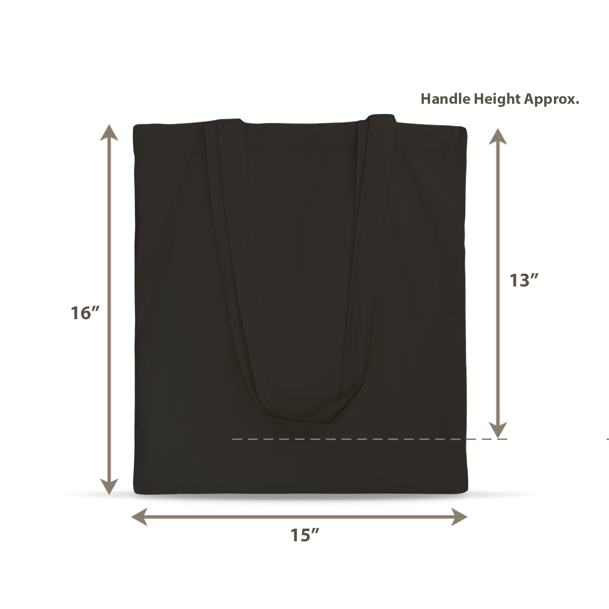 Black canvas tote bag with dimensions approximately 16" height x 15" width and 13" handle drop length.