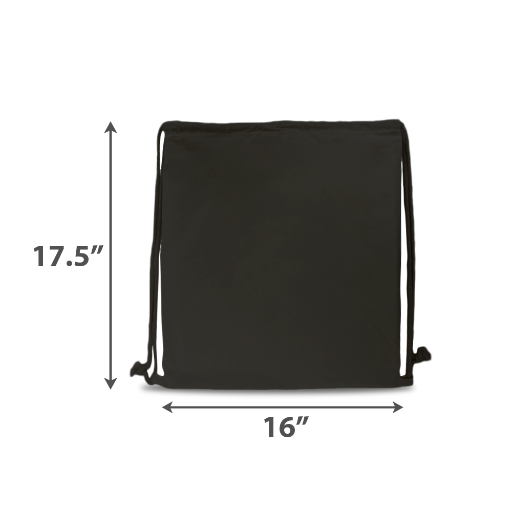Black drawstring backpack measuring 17.5 inches in height and 16 inches in width, displayed flat with measurement indicators.
