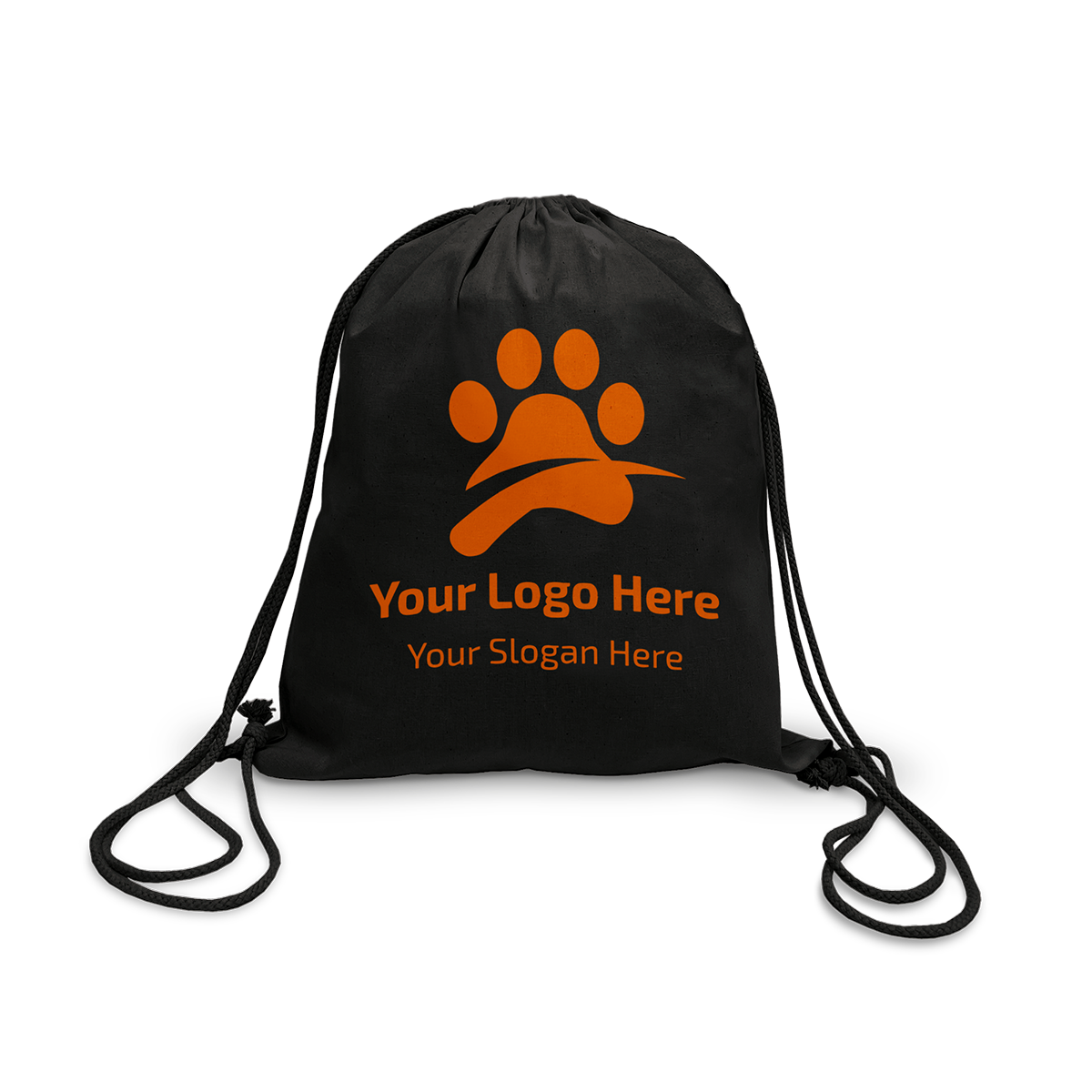 Black drawstring backpack with side cords and a paw print design; placeholder text reads “Your Logo Here” and “Your Slogan Here.”