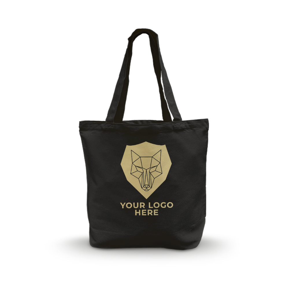 Black tote bag with long handles and a centered geometric wolf design featuring a customizable logo area.