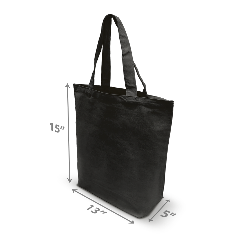 Black tote bag with long handles, displayed at an angle; dimensions are labeled as 15 inches in height, 13 inches in width, and 5 inches in depth.