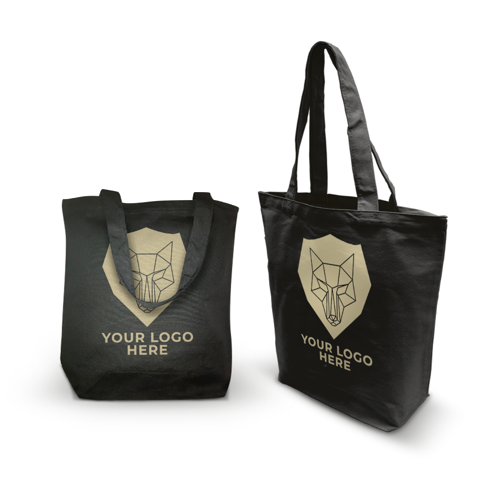 Two black tote bags with long handles, each featuring a gold geometric wolf head design and a "Your Logo Here" placeholder text.