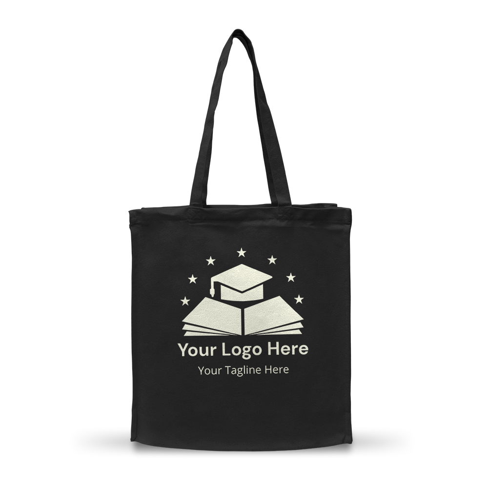 Black canvas tote bag with long handles, featuring a customized educational-themed logo with stars and books.