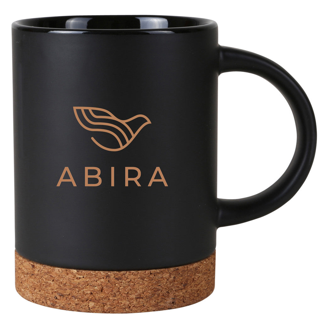 Black ceramic mug with a cork base, featuring a custom logo