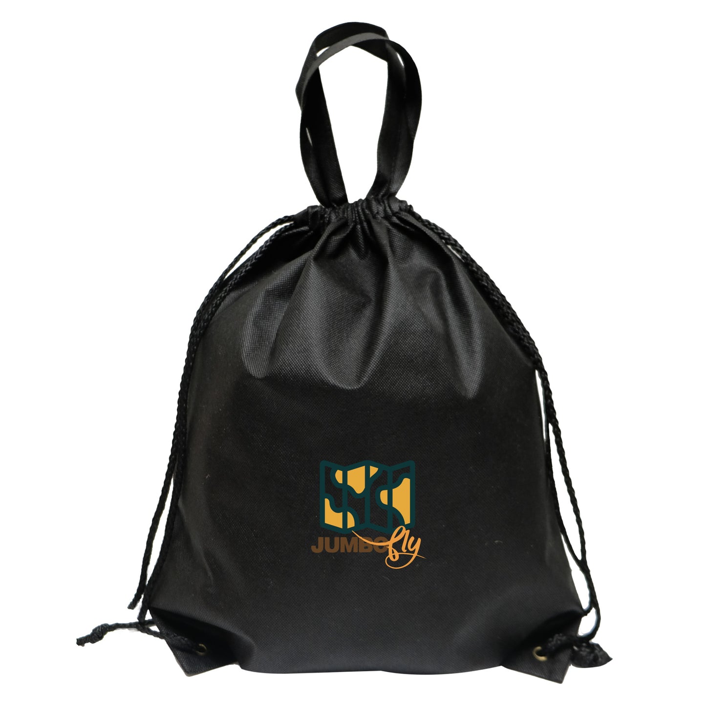 Black drawstring backpack with black cords and top carry handle, featuring a customized logo printed on the front.