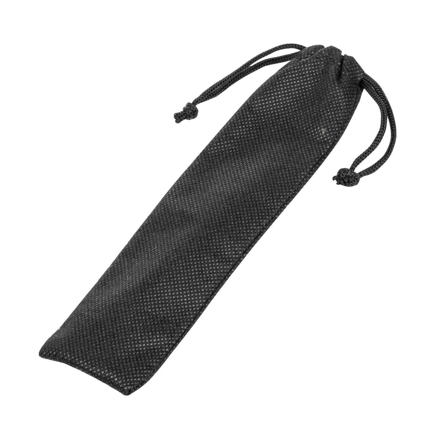 Black textured drawstring pouch, elongated in shape, ideal for storing utensils or small accessories.