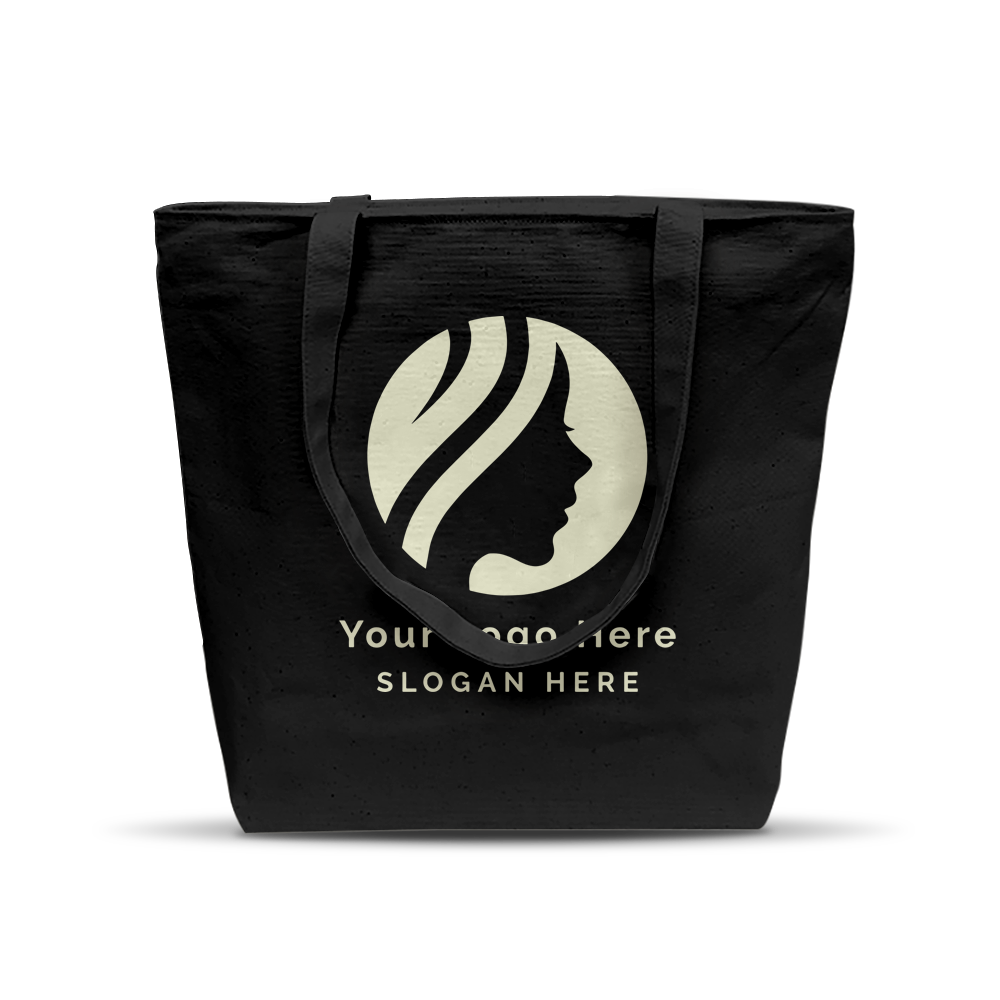 Black tote bag with long handles and placeholder logo and slogan on the front.