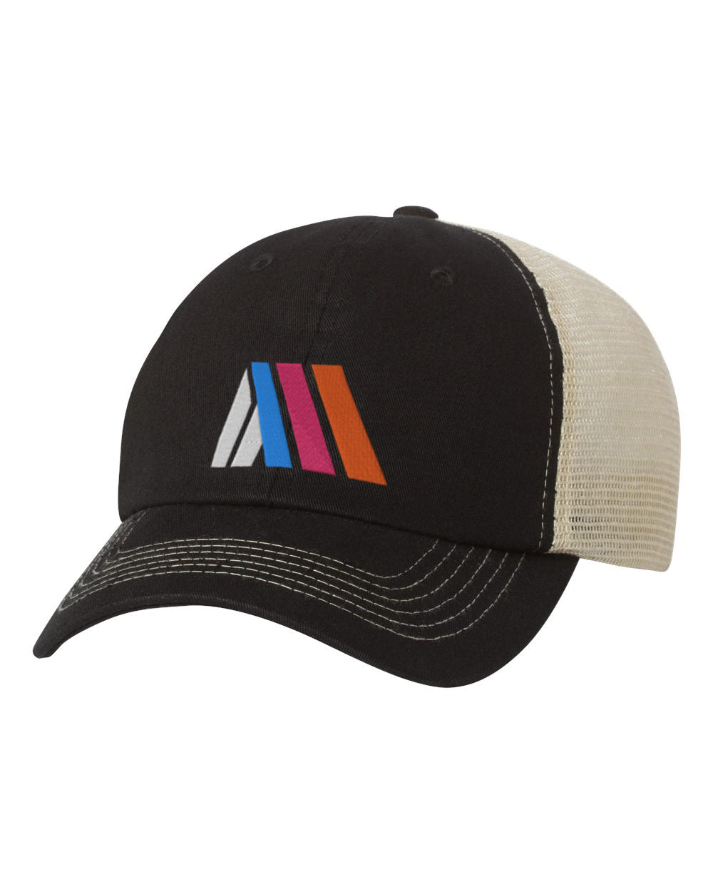 Front view of a black trucker cap with khaki mesh back and multicolor logo on the front panel.