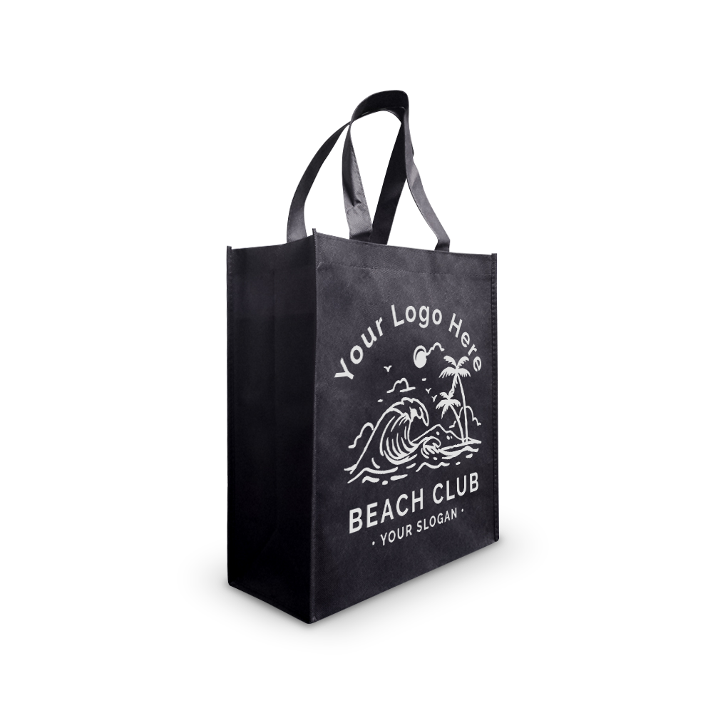 Black reusable tote bag with beach-themed custom logo design.