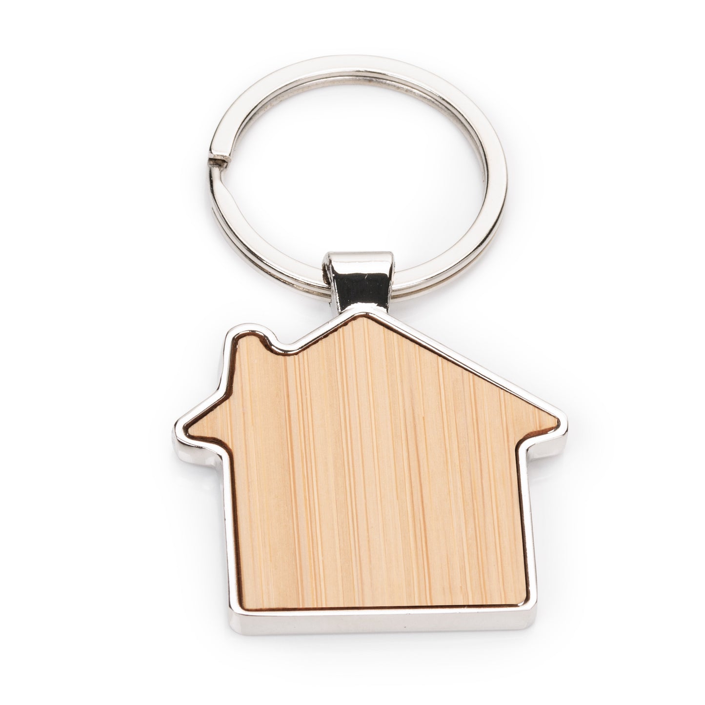 House-shaped bamboo keychain with metal frame and blank wooden surface for custom engraving or logo imprinting.