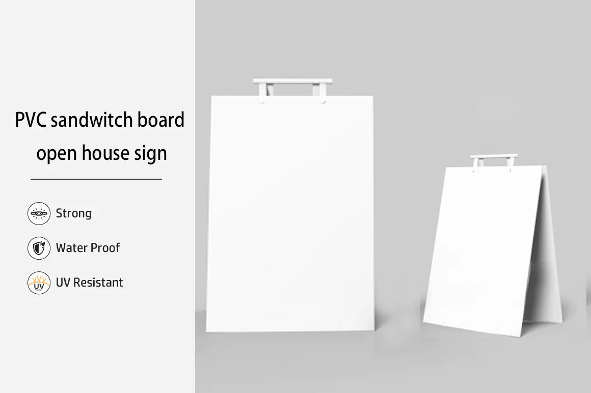 Blank PVC sandwich board signs with built-in handle, waterproof and UV resistant, ideal for customizable open house signage