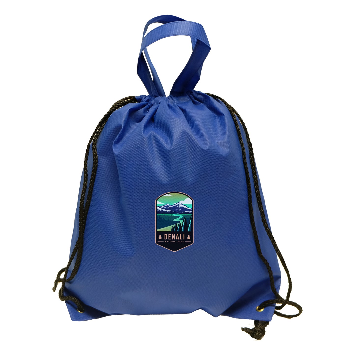 Blue drawstring backpack with black cords and a top carry handle, featuring a printed logo with a scenic mountain landscape design.