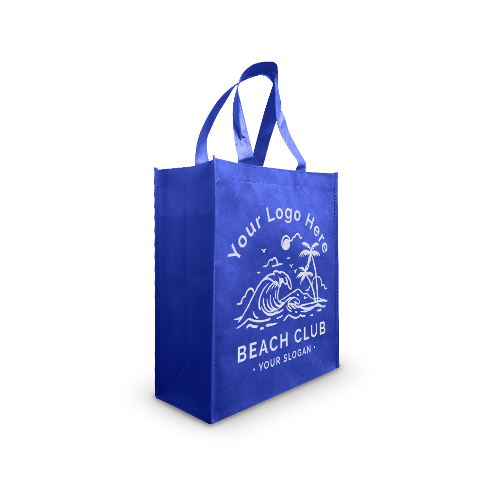 Blue reusable tote bag with beach-themed custom logo design.