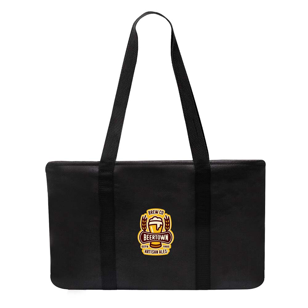 Black non-woven collapsible rectangular tote bag with long black handles and a centered customized logo.