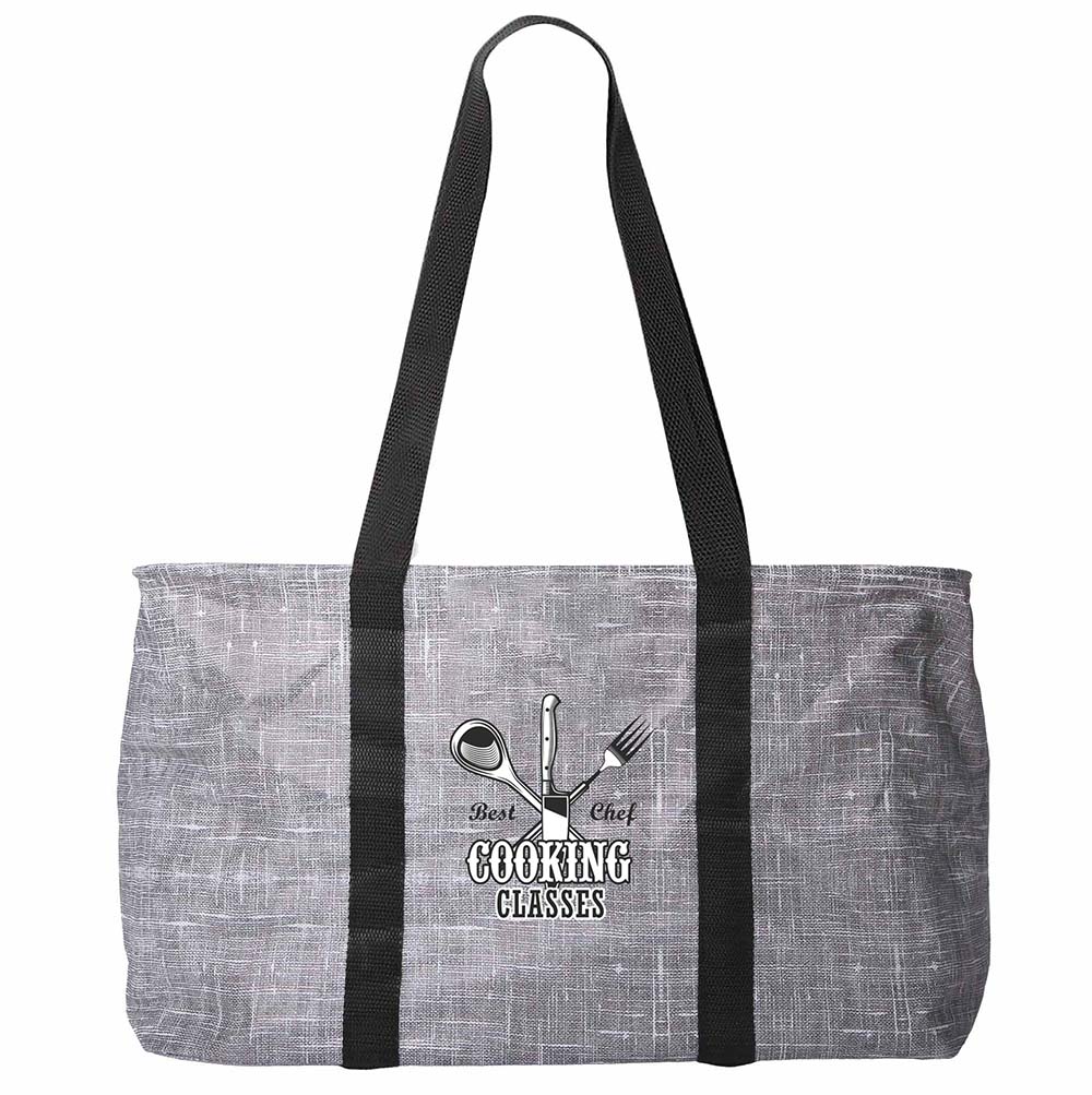Gray non-woven collapsible tote bag with black straps and a central customized logo.