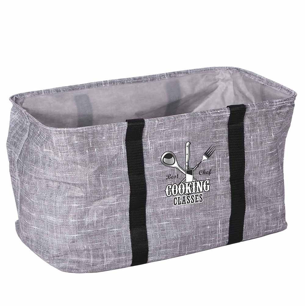Gray structured non-woven tote bag with black handles and a customized logo printed on the front.