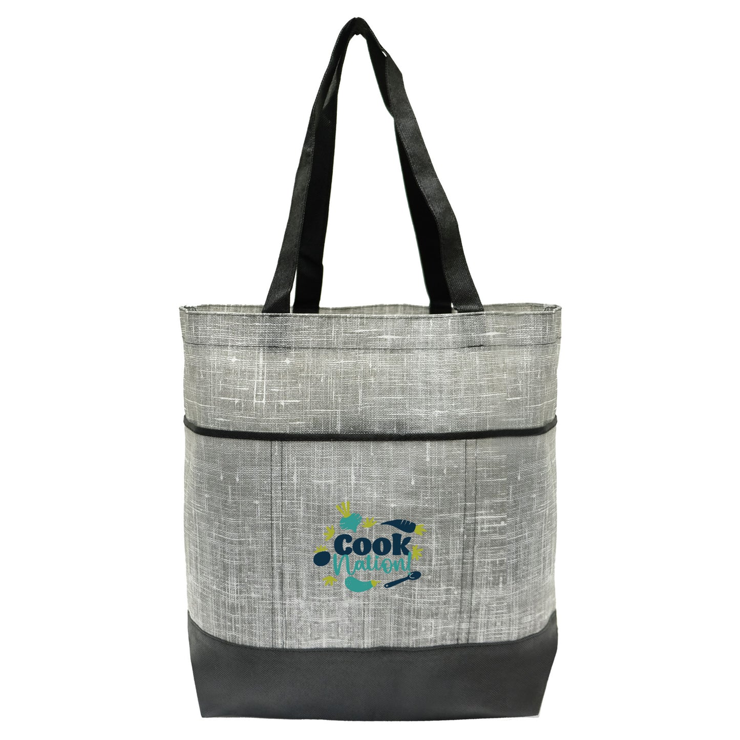 Gray and black tote bag with a front-facing customized logo, featuring black handles and a modern woven texture.