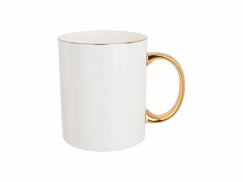 Plain white ceramic mug with a shiny metallic gold handle and a fine gold rim along the top edge.