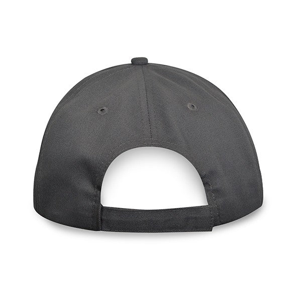 Rear view of a black brushed cotton twill cap featuring stitched eyelets and an adjustable fabric strap with a hook and loop closure.