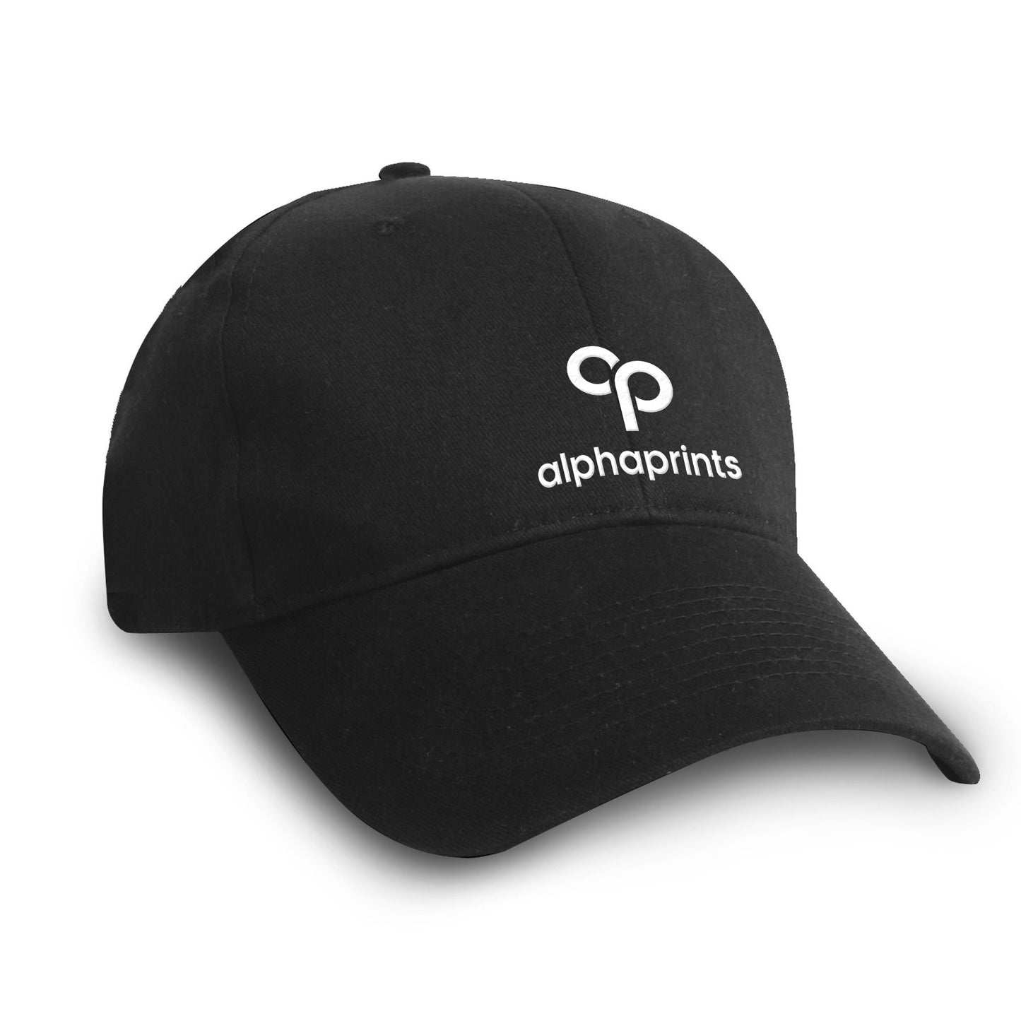 Black brushed cotton twill cap with curved brim, featuring a white embroidered Alpha Prints logo on the front panel.