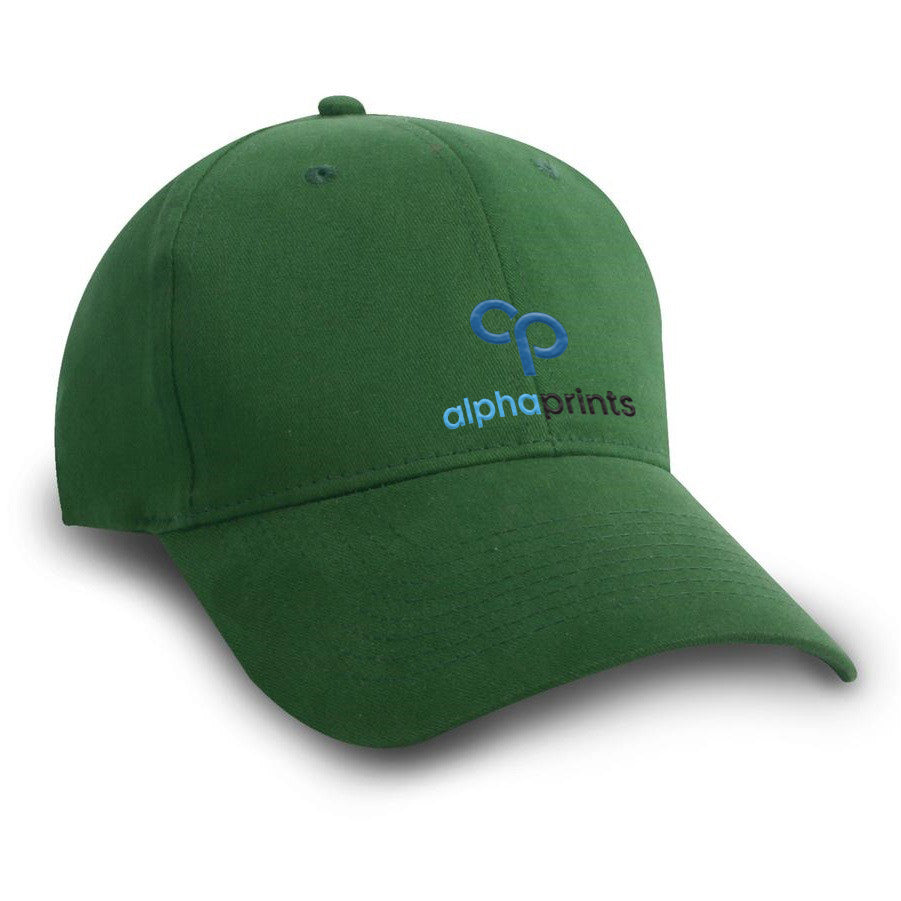 Green brushed cotton twill cap with curved brim, featuring the Alpha Prints logo embroidered in blue and black on the front panel.