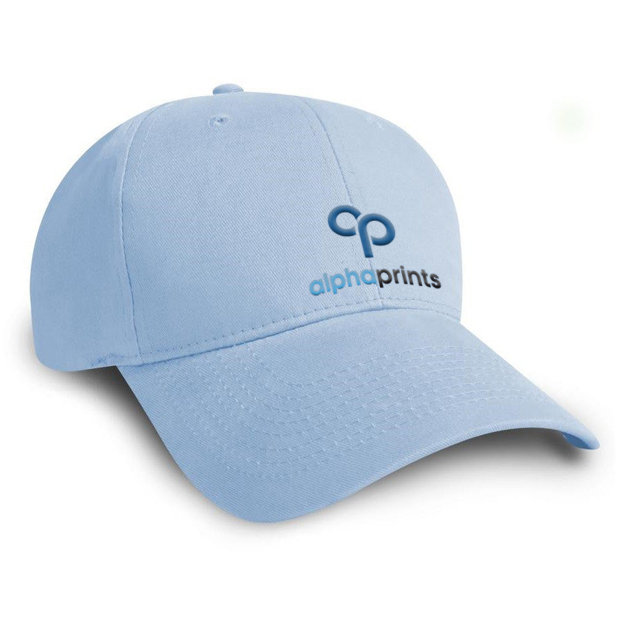 Light blue brushed cotton twill cap with curved brim, featuring the Alpha Prints logo embroidered in blue and black on the front panel.