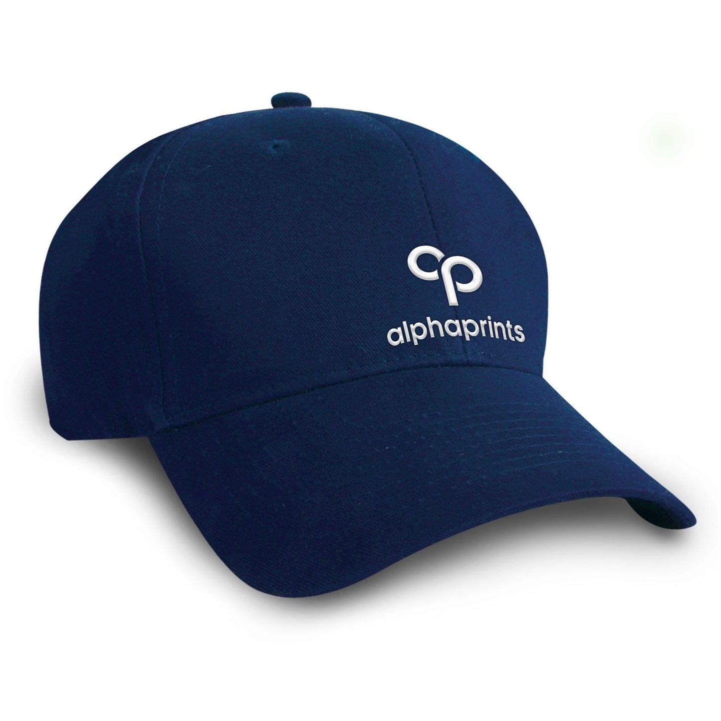 Navy blue brushed cotton twill cap with curved brim, featuring a white embroidered Alpha Prints logo on the front panel.