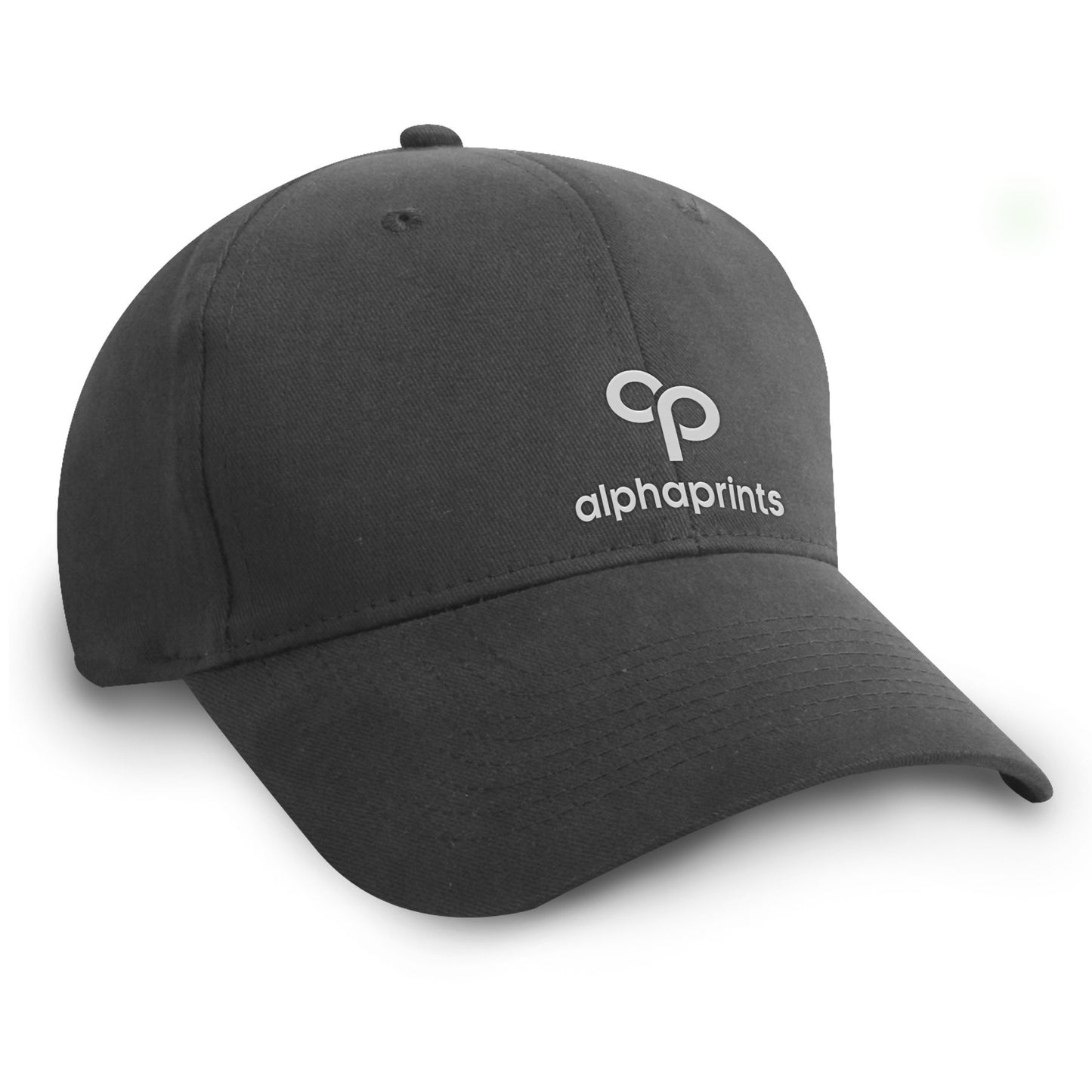 Black brushed cotton twill cap with curved brim, featuring a white embroidered Alpha Prints logo on the front panel.