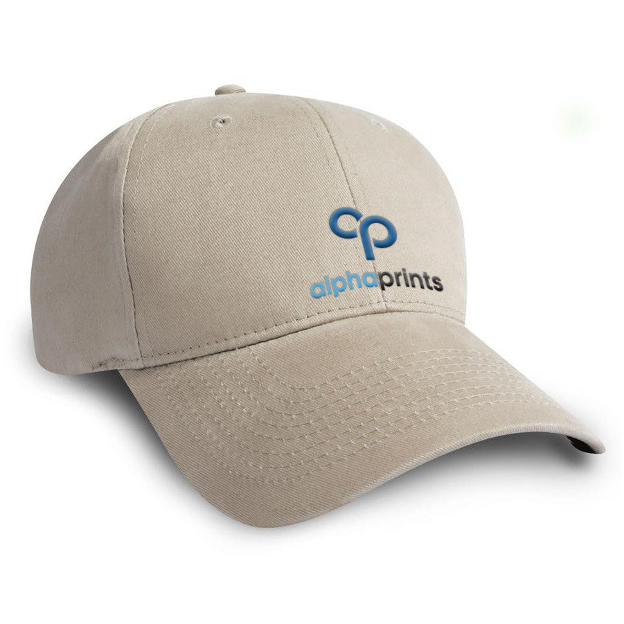 Beige brushed cotton twill cap with curved brim, featuring an embroidered Alpha Prints logo in blue and black on the front panel.