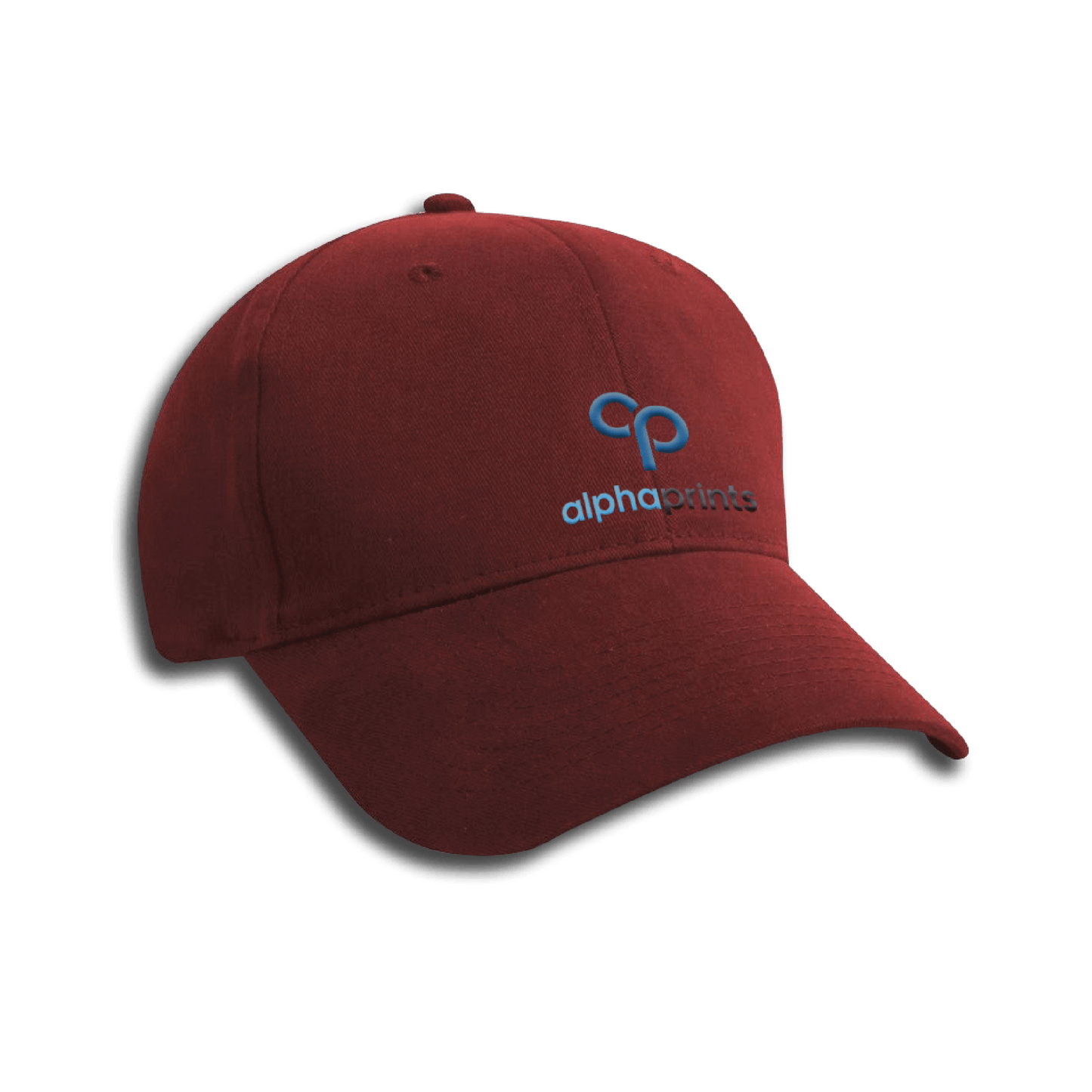 Maroon constructed mid-weight brushed cotton twill cap with a curved brim and embroidered Alpha Prints logo in blue and black on the front panel.