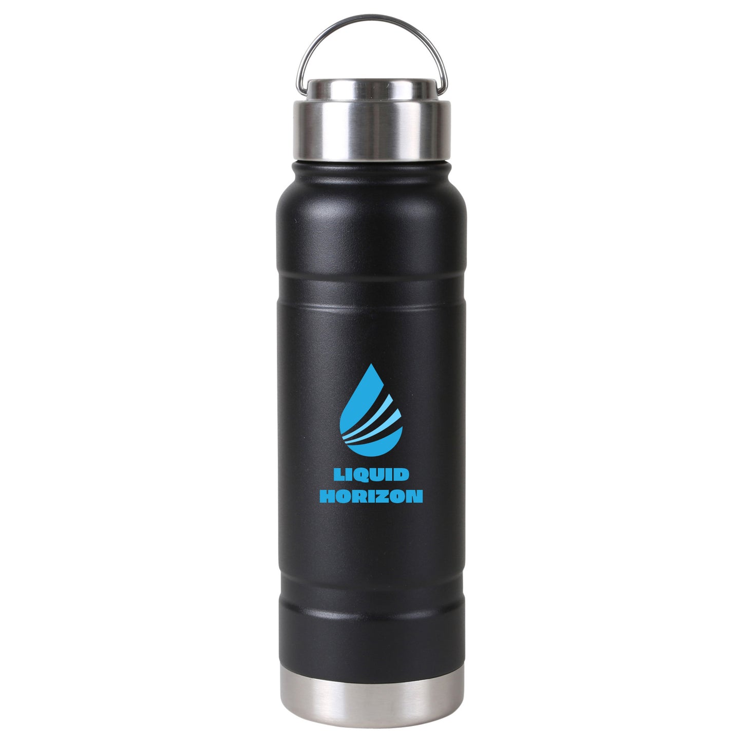Black insulated bottle with metal lid and blue Liquid Horizon logo.