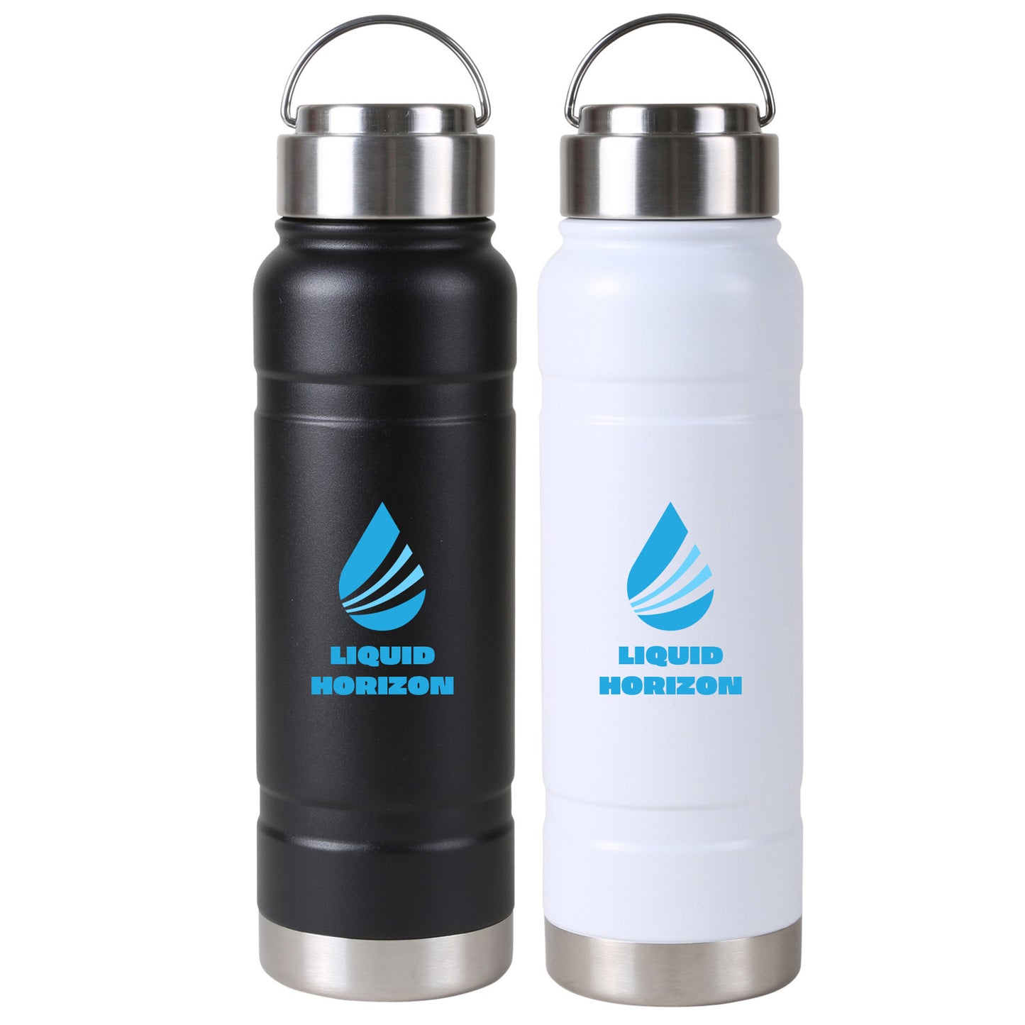 Two stainless steel insulated water bottles with metal lids and bases; one in matte black and the other in white