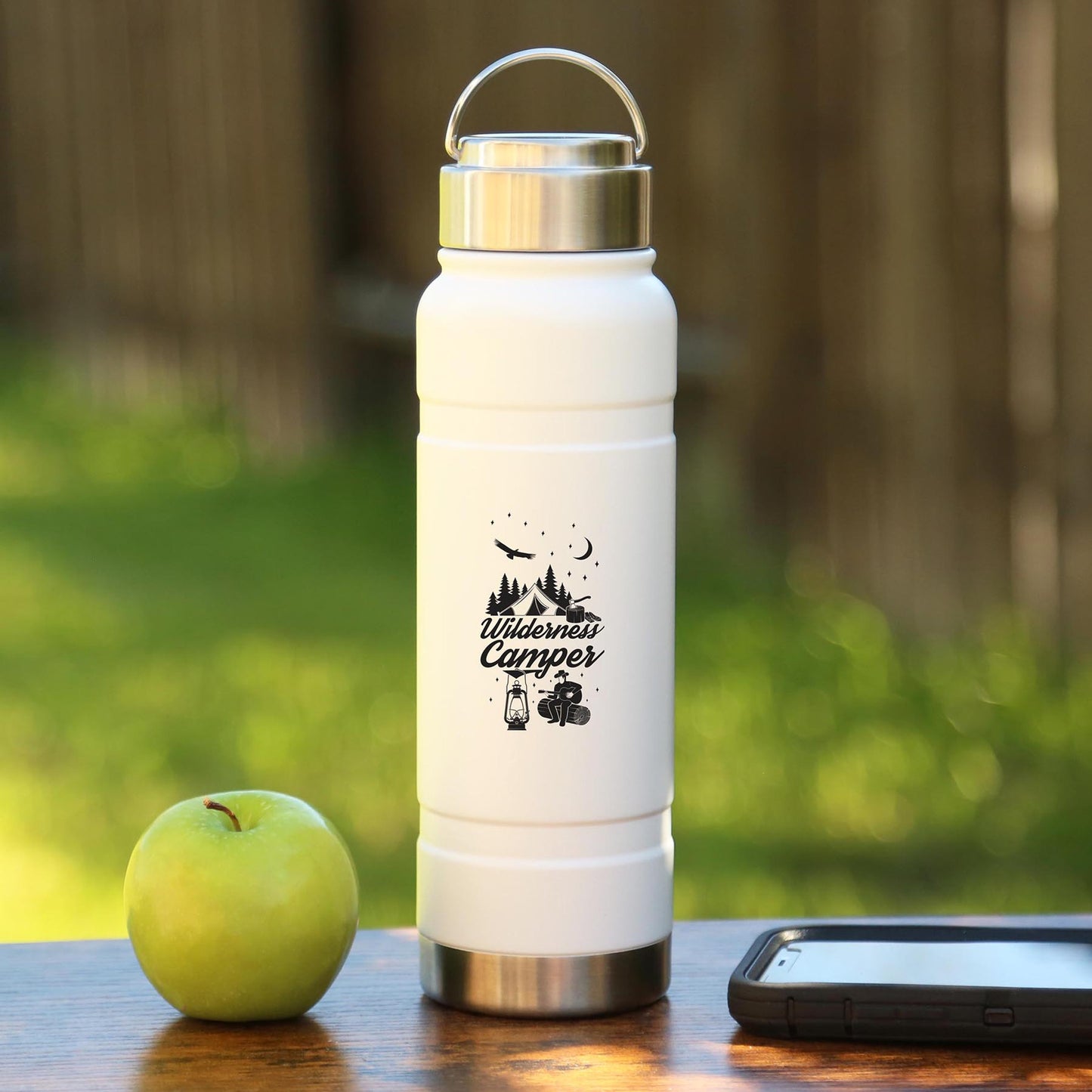 White stainless steel water bottle with metal lid and base
