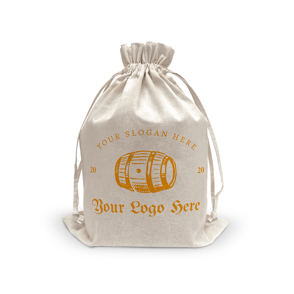 Canvas drawstring accessory bag, 5oz, size 12”W x 17.5”H, with custom barrel logo.