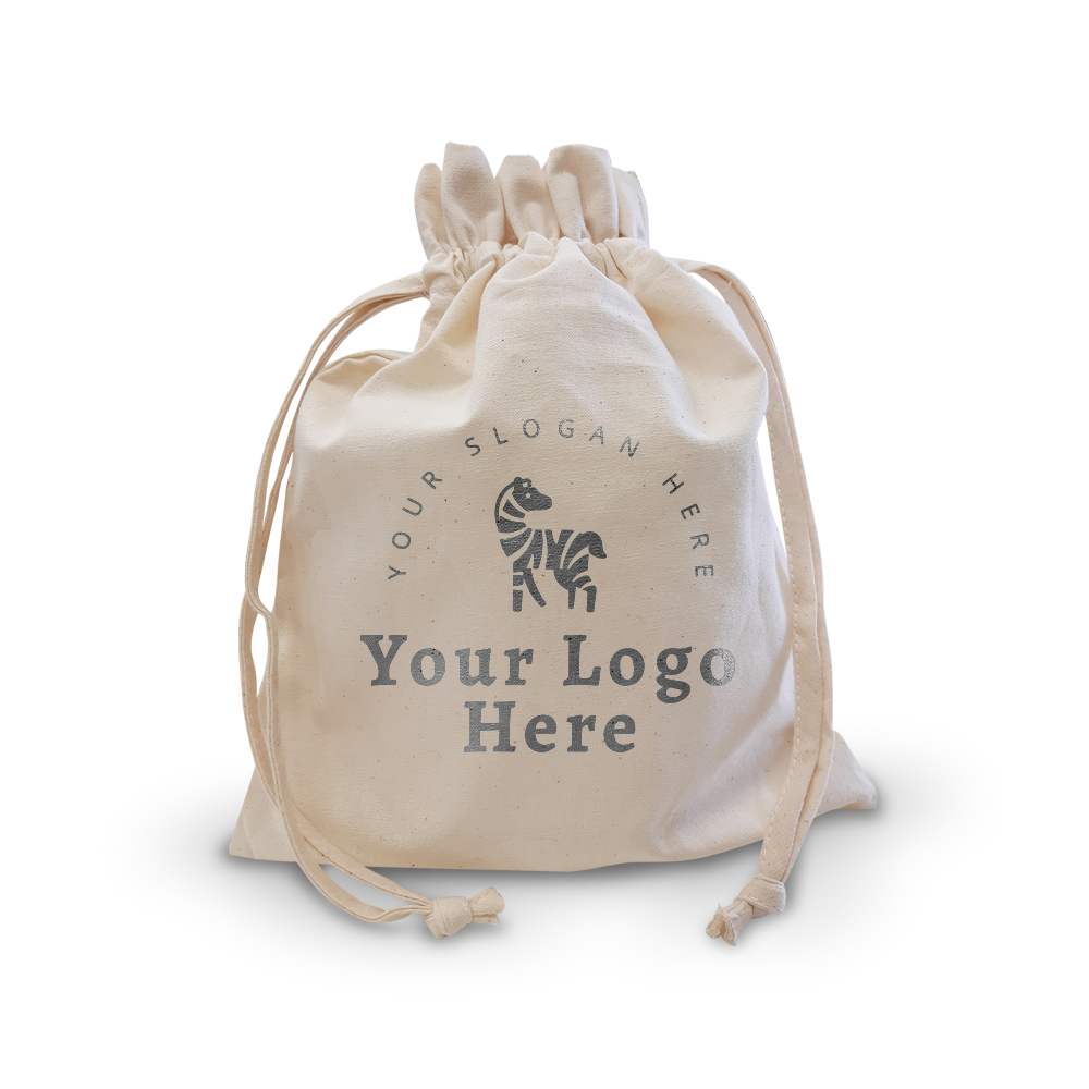 Canvas drawstring accessory bag, 5oz, size 8”W x 11”H, with zebra logo and slogan print.