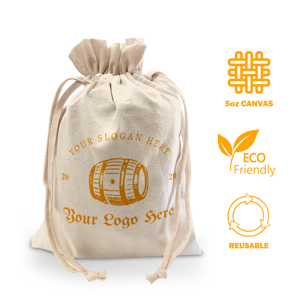 Eco-friendly 5oz canvas drawstring bag with custom barrel logo; reusable and sustainable.