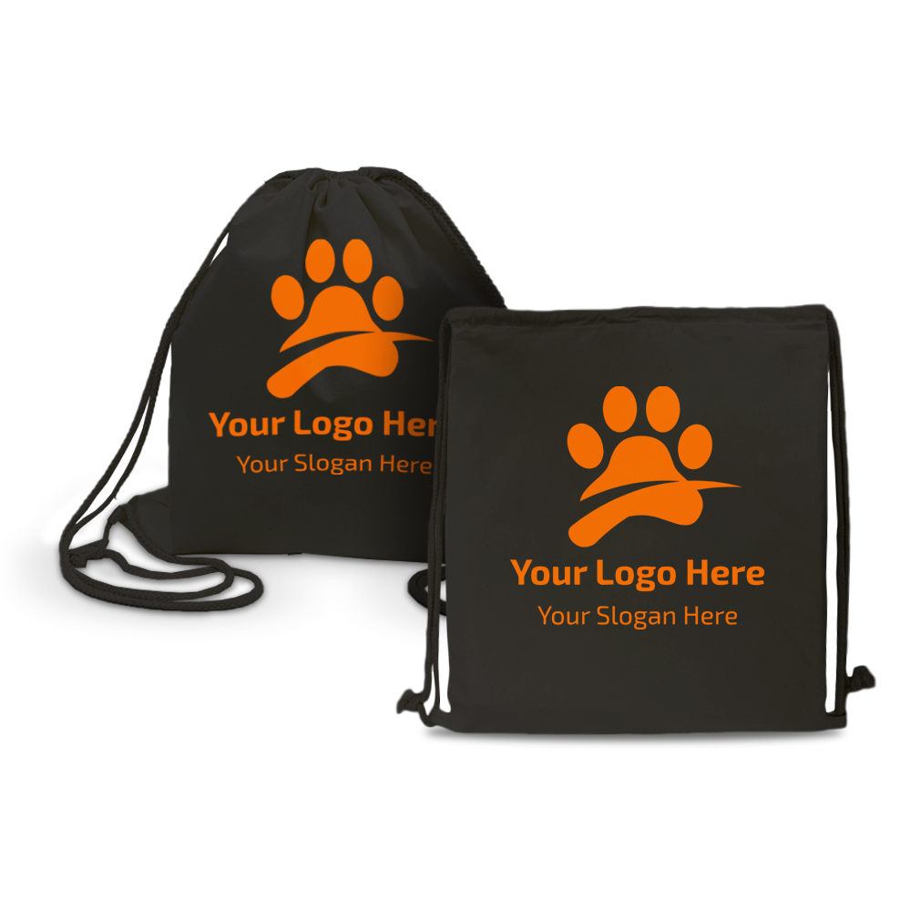 Two black drawstring backpacks featuring an orange paw print design and placeholder text reading “Your Logo Here” and “Your Slogan Here.”
