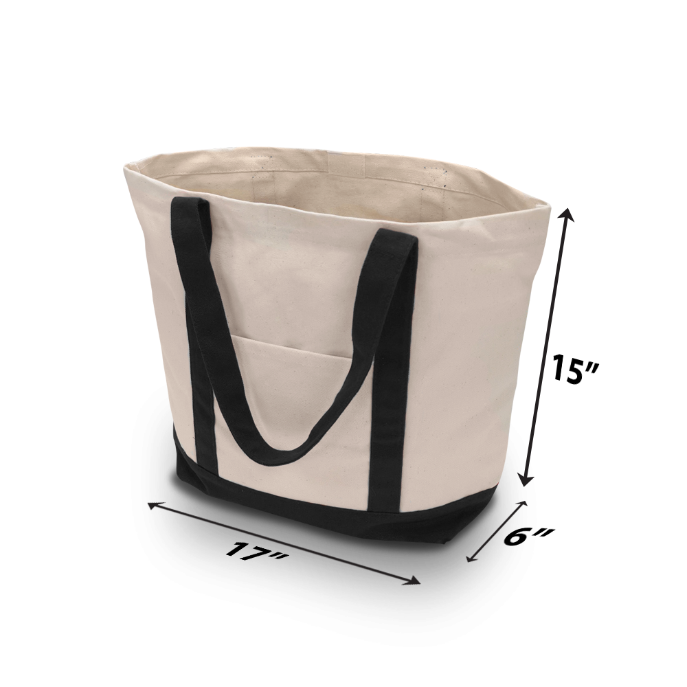 Canvas boat tote with black trim, front pocket, and dimensions 17”W x 6”D x 15”H.