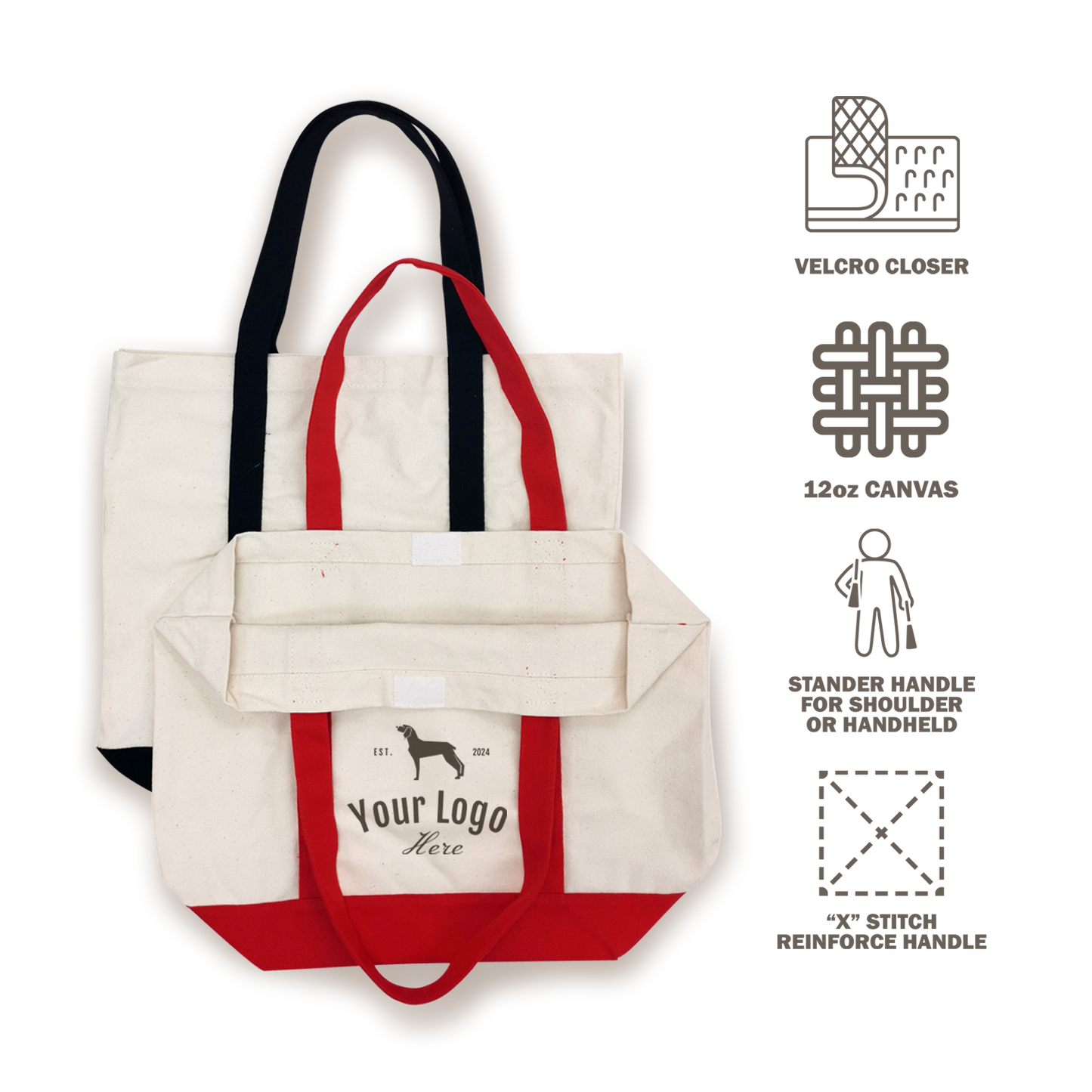 Canvas boat tote bags with Velcro closure, reinforced handles, and 12oz fabric, shown folded and flat