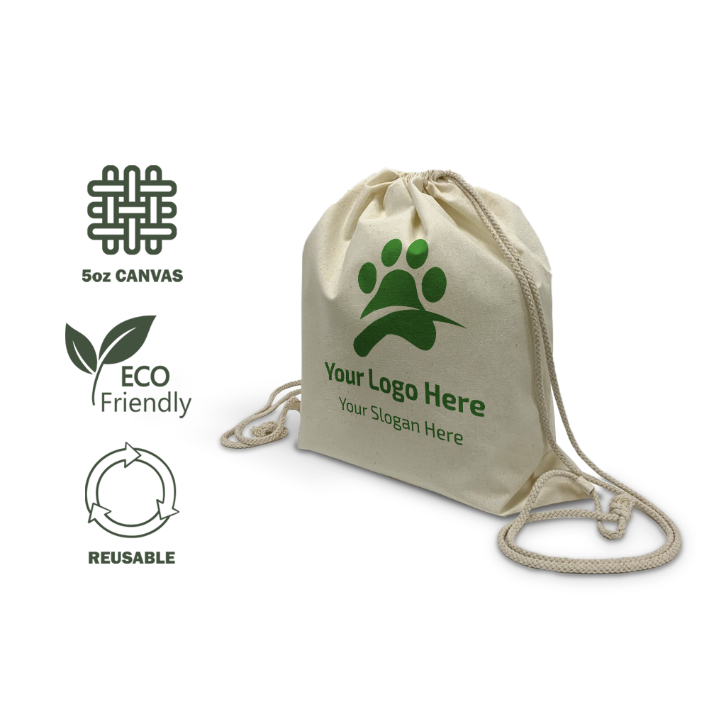 Beige 5oz canvas drawstring bag with green paw print logo, labeled eco-friendly and reusable.