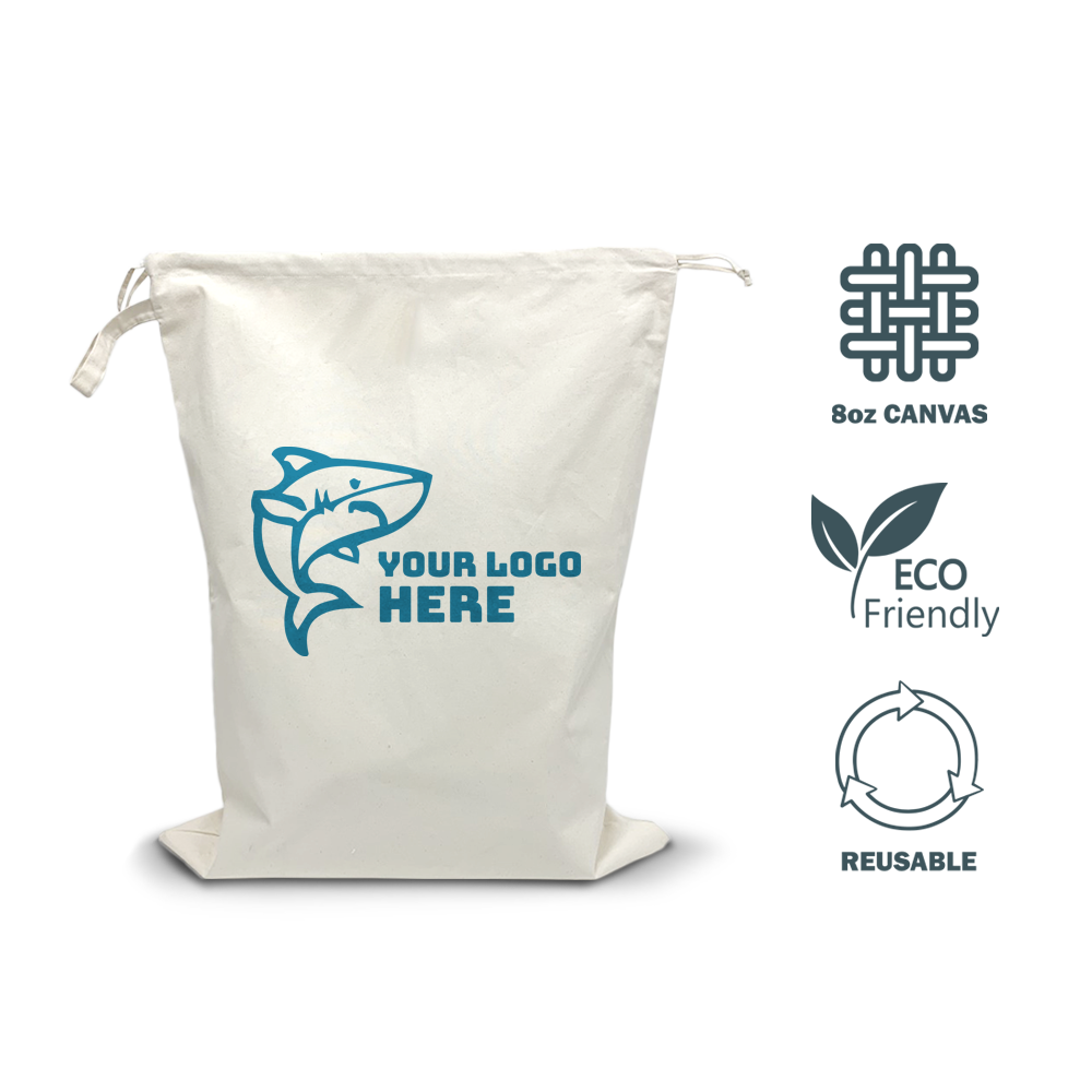 Eco-friendly 8oz canvas drawstring bag with shark logo; reusable and sustainable.
