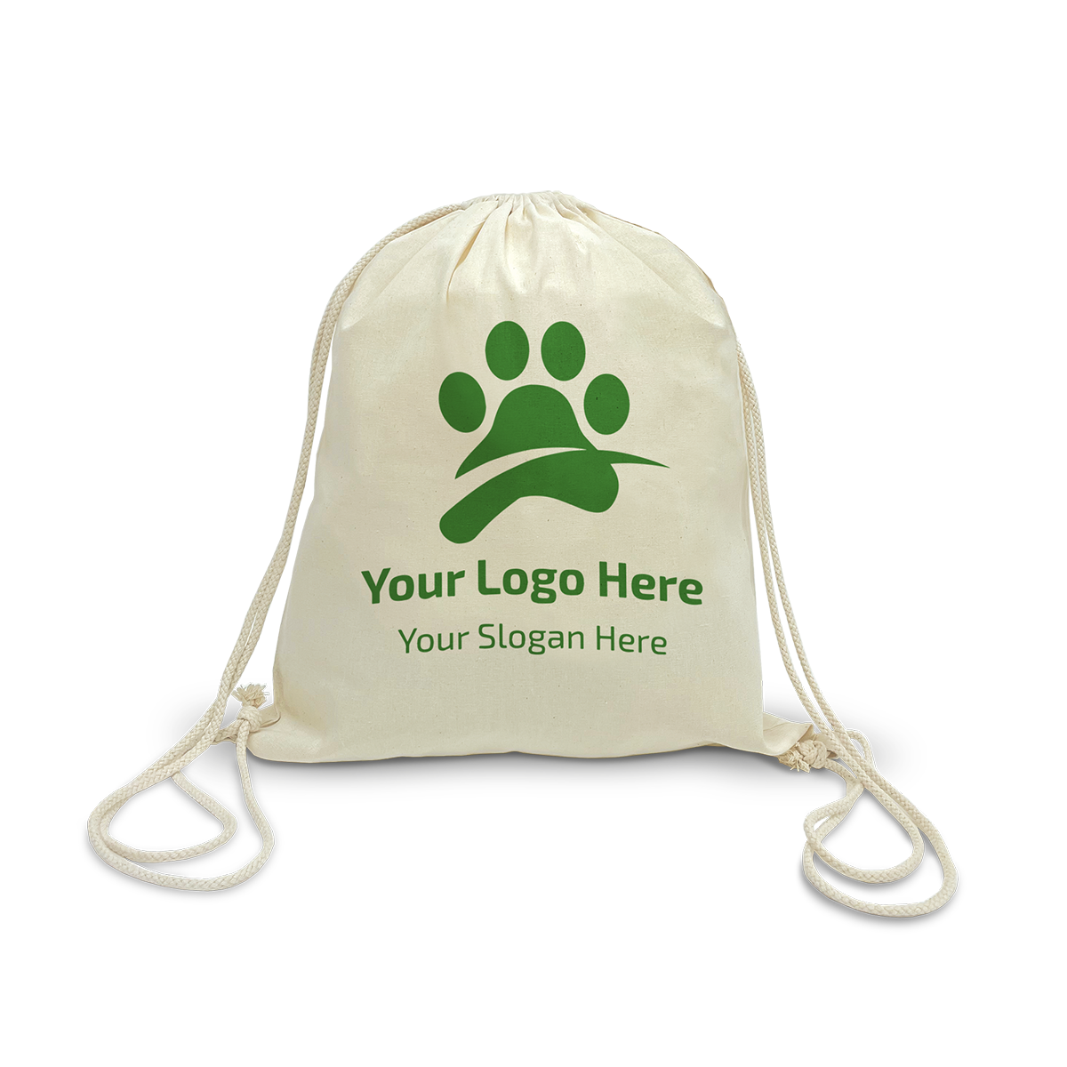 Beige 5oz canvas drawstring sports backpack with custom green paw print logo, 16”W x 17.5”H.